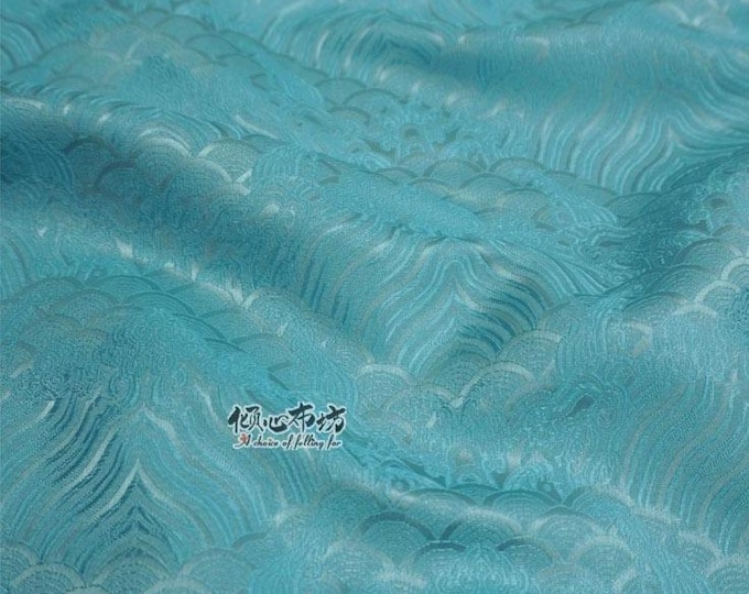 Teal Sea Wave Brocade Fabric: Silk Rayon Jacquard, 29" Wide