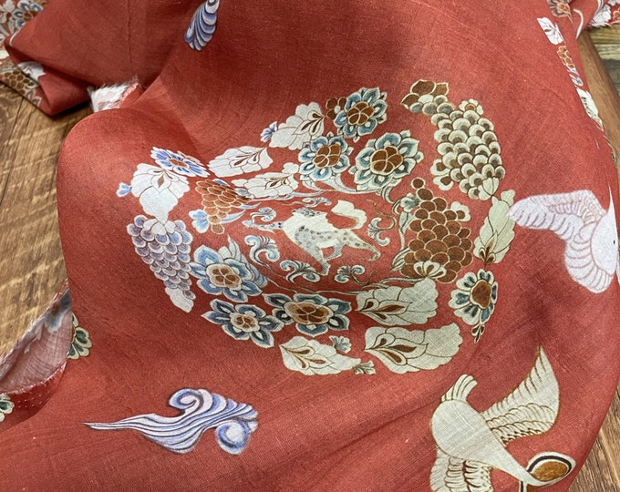 Rust Red Dunhuang painting printed pure Ramie Fabric, 55“W, Upholstery, Decor, Costume, Curtain, Handbag, Sewing, Scarf/Fabric by the meter