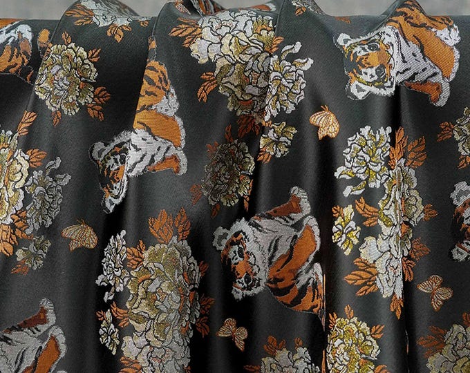 Tiger & Peony Brocade Fabric – Chinese Jacquard, 59" Wide