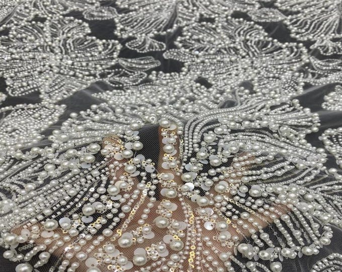 Luxury Pearl Sequin Embroidered Fabric – Bridal Wedding Dress, Evening Gown & Couture Fashion Textile, Wedding dress fabric, 49"Wide