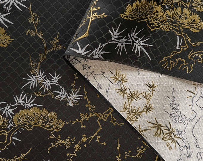 Japanese Kirin Nishijin Black Brocade Fabric| 65“Wide | Upholstery, Decor, Costume, Curtain, Handbag, Sewing/Fabric by the meter
