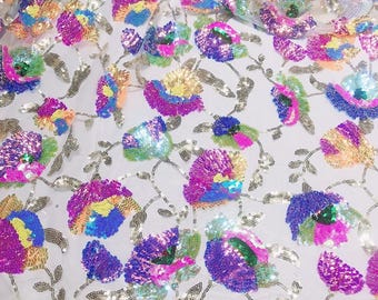 49"W Iridescent Sequin Floral Fabric • Colorful Big Flower Embroidery • Elegant Fashion Dress & Gown Material