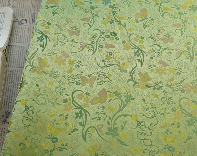 Spring green jacquard fabric, butterfly brocade, designer fabric, Upholstery, quilting, Sewing bookbinding /fabric, 65"W By one Meter
