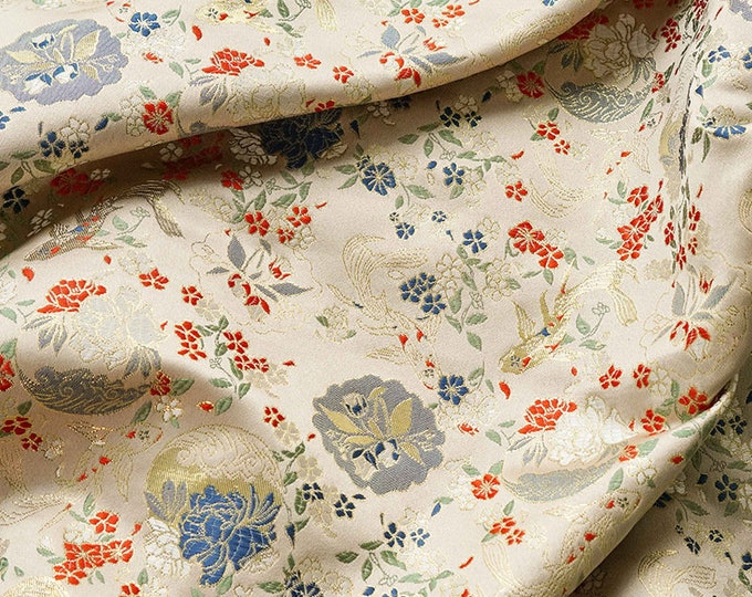 Japanese Nishijin Fabric, Goldfish Flower Jacquard silk brocade by the meter, 59“Width 4 colors On SALE, Upholstery, Quilting, Sewing fabric