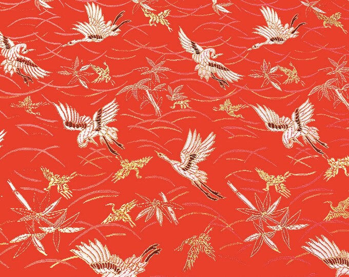 59"W New Crane Red Fabric, Chinese New Year Damask Satin Fabric by The Meters, Wall Decor, Upholstery, Quilting and Sewing fabric