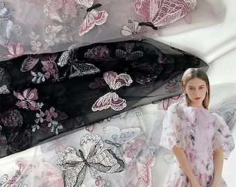 Elegant chiffon butterfly Embroidered Sequins Lace Fabric - Tulle Mesh for Tutu & Banquet Dresses, by the yard, 59" wide