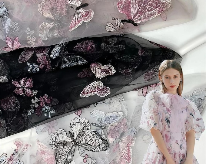 Elegant chiffon butterfly Embroidered Sequins Lace Fabric - Tulle Mesh for Tutu & Banquet Dresses, by the yard, 59" wide