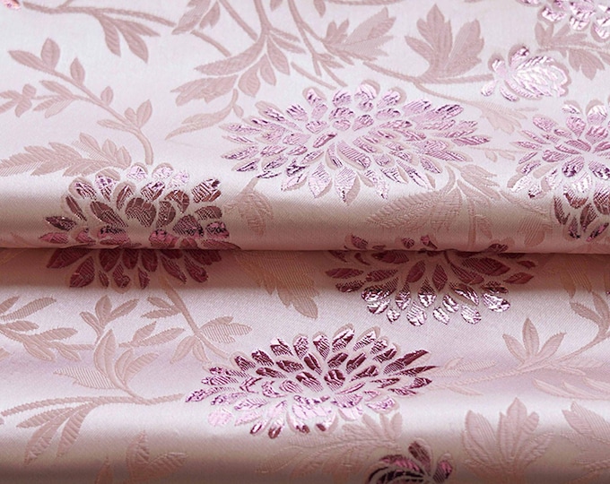 65"W Rayon pink Hibiscus blooms Silk Brocade, Tibetan robe, cheongsam, sewing, Upholstery, Quilting & drapery/ fabric