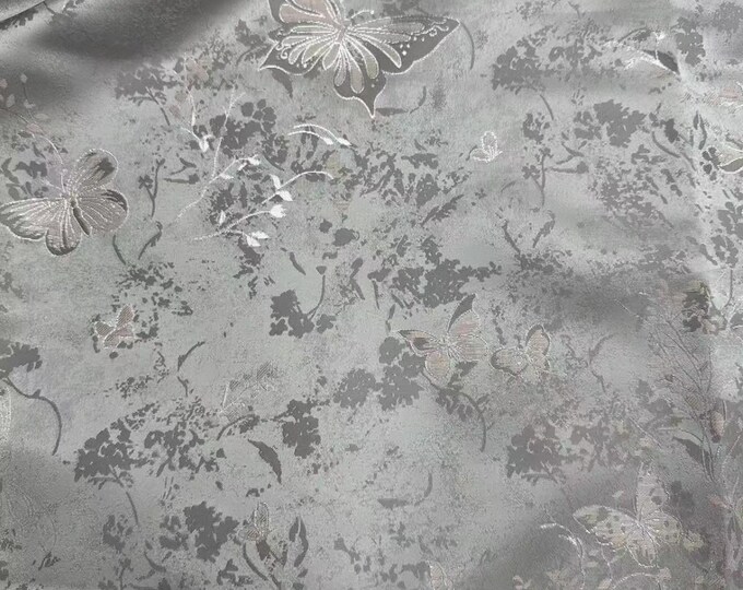 Silver Gray Butterfly Brocade Fabric - Elegant Jacquard Textile, 58" Wide