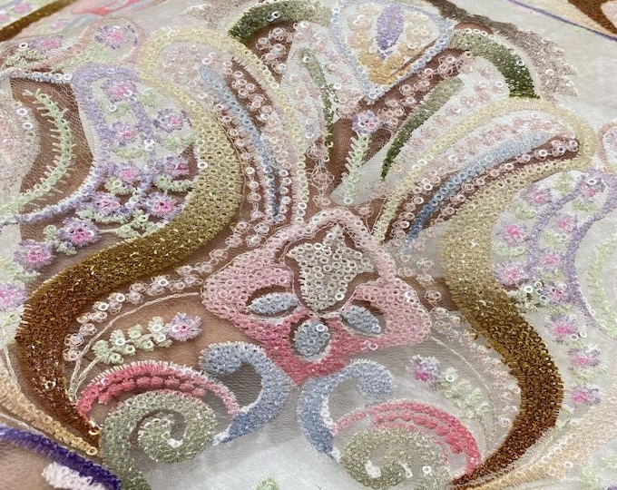 49"W Colorful Sequin Mesh Lace Embroidered Fabric for wedding prom Skirt, Shirt, Evening Dress & Cheongsam, see-through Soft Creative Fabric