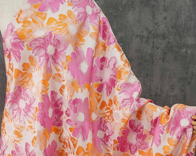 Floral Jacquard Brocade Fabric: Orange Pink Flower Pattern, 65" Wide