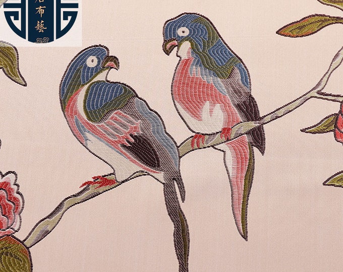 Solid Soft Jacquard Fabric - 2 Colors, 59"W, Chinese Birds & Tree, Upholstery, Decor, Costume/Fabric by the meter, cushion, sofa fabric, DIY