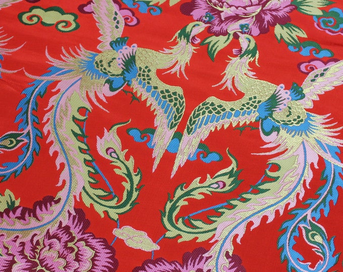 China Red Birds pay homage to the king Silk brocade, China Red Fabric, Traditional Wedding Gown Fabric,Double phoenix by the Meter