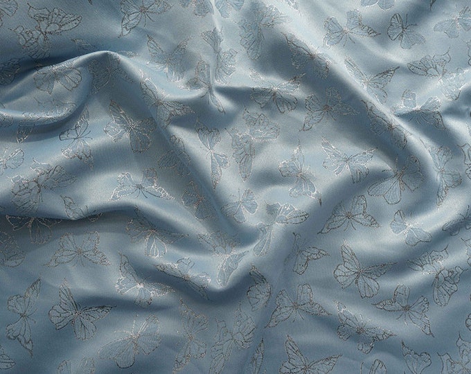 59"W Silver Thread Blue jacquard Fabric/Decor costume dress satin fabric, Upholstery, Quilting and Sewing fabric, butterfly, DIY/Fabric