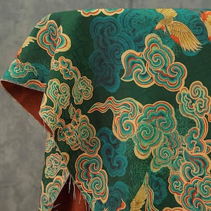59&quot;W Auspicious cloud Tea silk satin fabric, Digital print, dark green Upholstery, Decor, Costume, Curtain, bag, Sewing, drapery, DIY/Fabric