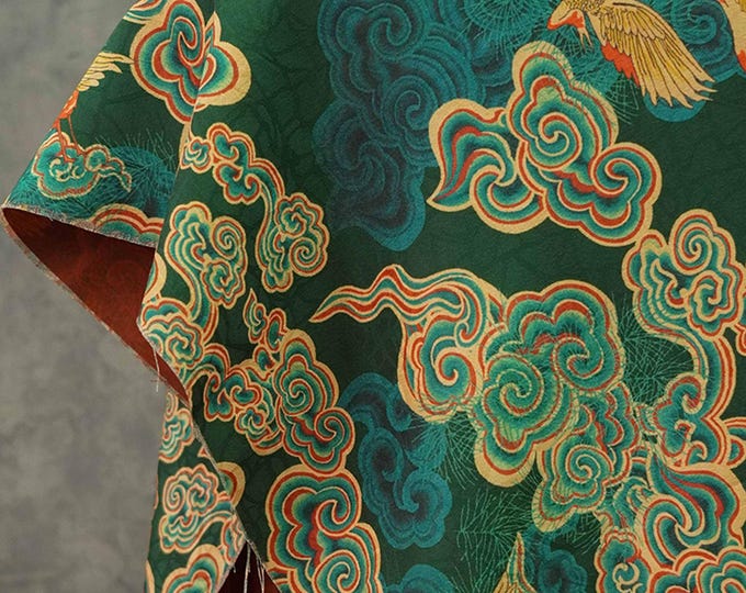 59"W Auspicious cloud Tea silk satin fabric, Digital print, dark green Upholstery, Decor, Costume, Curtain, bag, Sewing, drapery, DIY/Fabric
