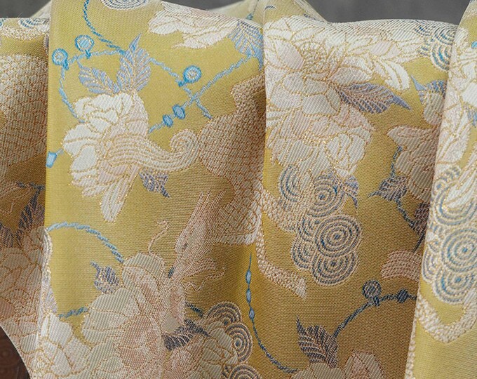 Luxury Song Brocade Jacquard Fabric with Kirin and Peony Gold Pattern, 58" Wide