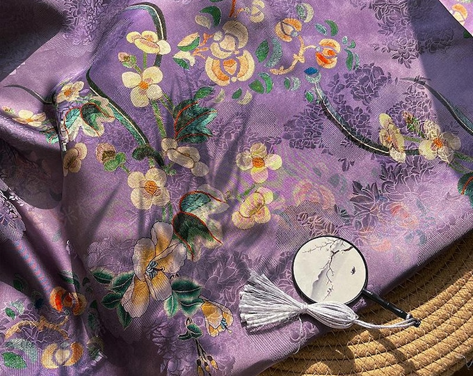 Purple Mist Jacquard Xiangyun Rayon Silk Fabric – Handwoven Floral Brocade for Dress, Gown, Wedding, Craft, DIY Sewing, 59"W