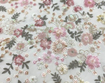 49"W Colorful Sequin Mesh Lace Embroidered Fabric for Girly Pink Skirt, Shirt, Evening Dress & Cheongsam, see-through Soft Creative Fabric