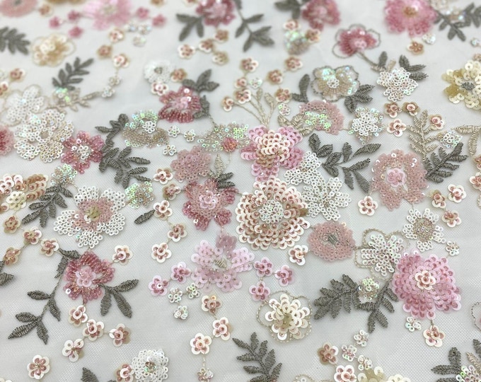 49"W Colorful Sequin Mesh Lace Embroidered Fabric for Girly Pink Skirt, Shirt, Evening Dress & Cheongsam, see-through Soft Creative Fabric