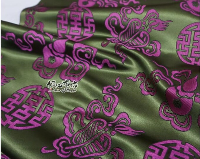 29.5” Width silk brocade Fabric, Purple green with Chinese Elements, Upholstery, Decor, Costume, Curtain, Handbag, Sewing/Fabric by 1 meter