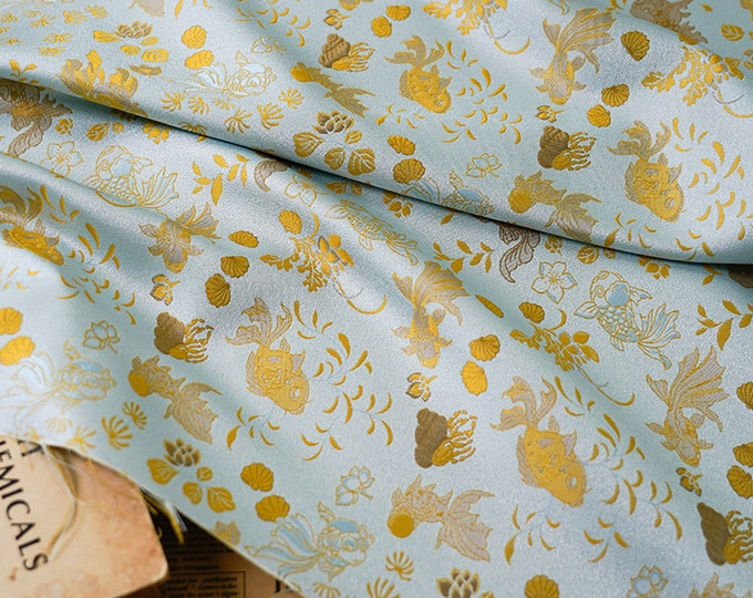 60"W Retro gold fish style brocade jacquard fabric, doll making, Drapery, Upholstery, Decor, Costume, Quilting, DIY/Fabric by 1 meter