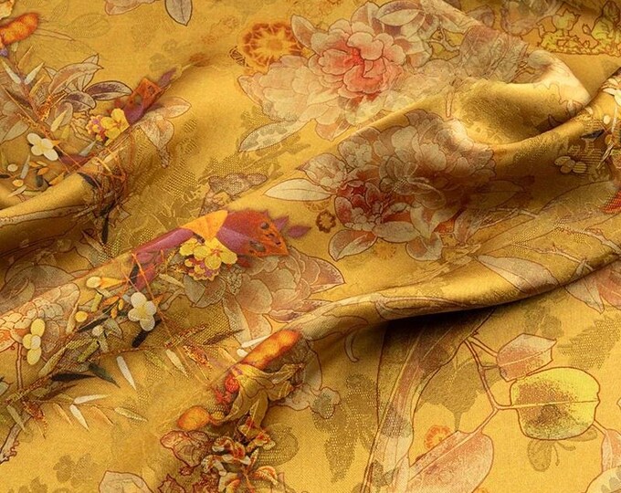 59"W plants flowers Tea silk satin fabric, Digital print, apricot, Upholstery, Decor, Costume, Curtain, bag, Sewing, drapery, DIY/Fabric