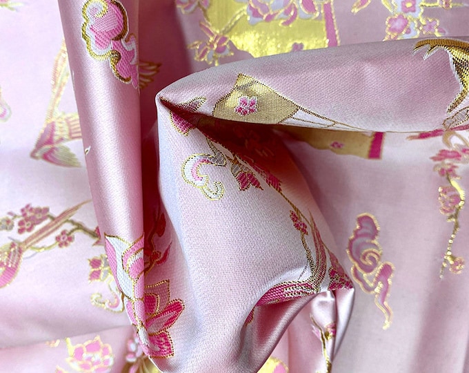 59"W Pink Birds Fabric, fan bird pattern Jacquard Satin Fabric, Brocade Fabrics By The Meters, Handbag Antique Cheongsam Sewing Fabrics