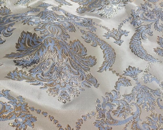 Blue & Gold Floral Jacquard Fabric | Shimmer Brocade (59" Wide)