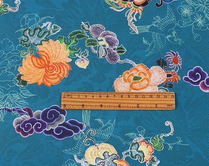 59"W Ancient Flower Tea silk satin fabric, Digital print, 4 colors, Upholstery, Decor, Costume, Curtain, bag, Sewing, drapery, DIY/Fabric