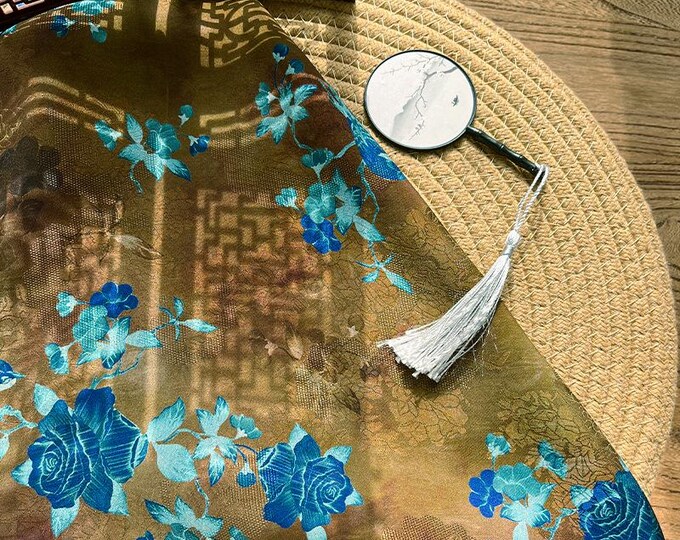 Floral Brocade Fabric – Blue Gold Rayon Silk Blend, 59" Wide