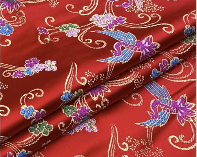 59"W Chinese Birds and Floral Jacquard Fabric, Shiny Silk Brocade By The Meters, Upholstery Sewing, Kid's Cheongsam Fabric, 2 Colors On Sale