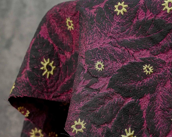 3D Floral Leaf Jacquard Fabric – Embossed Textured Woven Material - 61"W