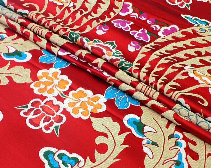 Chinese Emperor Queen and King Wedding Cheongsam Fabric, Embroidery Gold Phoenix pattern, Silk brocade 28"W, Sewing fabric, cheongsam, Qipao