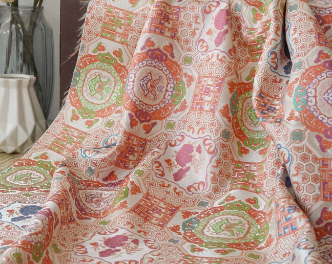 Ancient Asian totem pattern jacquard fabric, 59“Width, Upholstery, Decor, Costume, Curtain, Sewing, handbag, DIY/Fabric by the meter