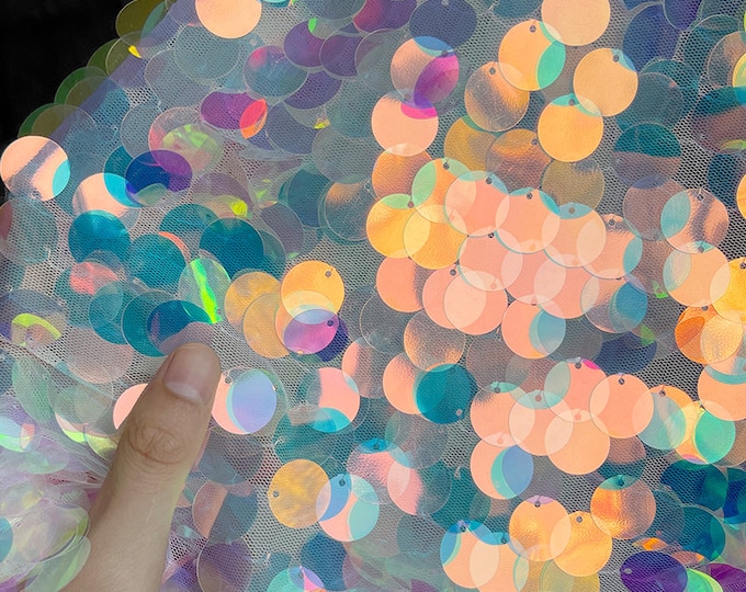 53“W Fish scale round laser jacquard Mesh Fabric, Designer Fabric, Symphony Gradient Sequins fabric, Prom Dress, Doll Making, Sewing, DIY