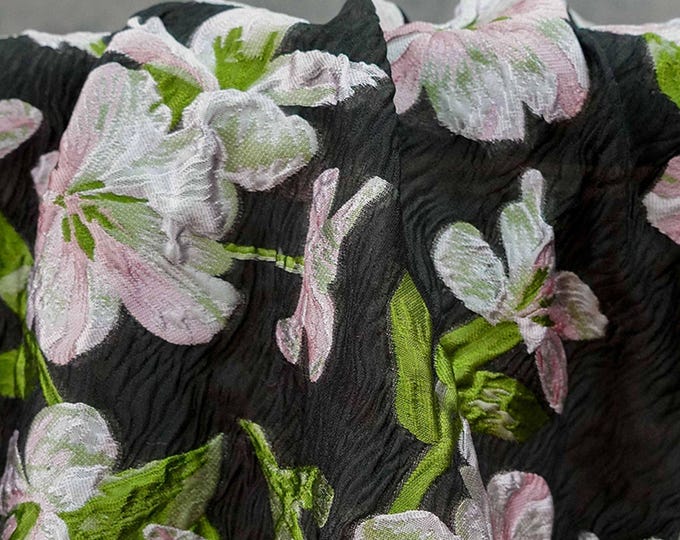 Black Embossed Floral Jacquard Fabric: Pink Flower Brocade, 55" Wide