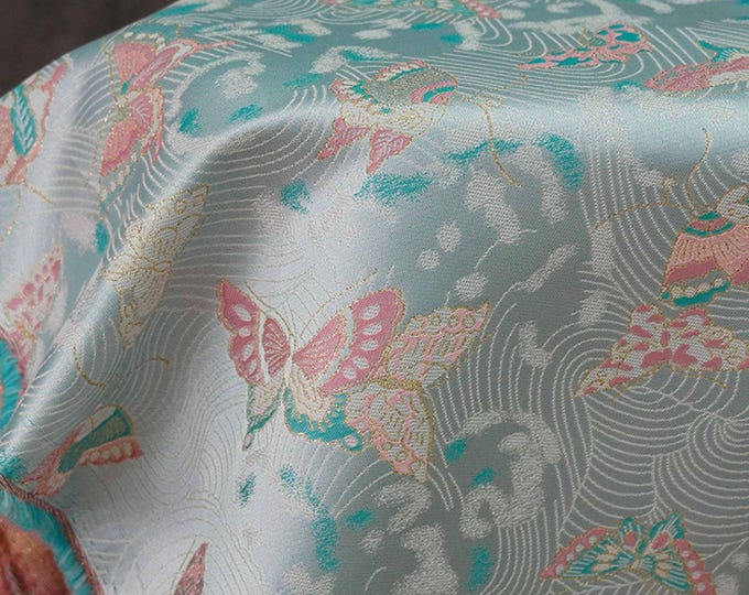 Vintage jacquard fabric, gold thread, designer fabric, Butterfly flower, Upholstery, Decor, Costume, Handbag, Sewing/Fabric by 1meter, 57"W