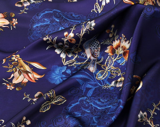 59"W Ancient Bird Tea silk satin fabric, Digital print, 4 colors, Upholstery, Decor, Costume, Curtain, bag, Sewing, drapery, DIY/Fabric