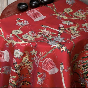 59&quot;W Chinese Brocade Fabric Birdcage Magpie Silk Fabric, Upholstery, Cushion cover, suit pillow case, cheongsam, Qipao, Sewing Craft Fabric