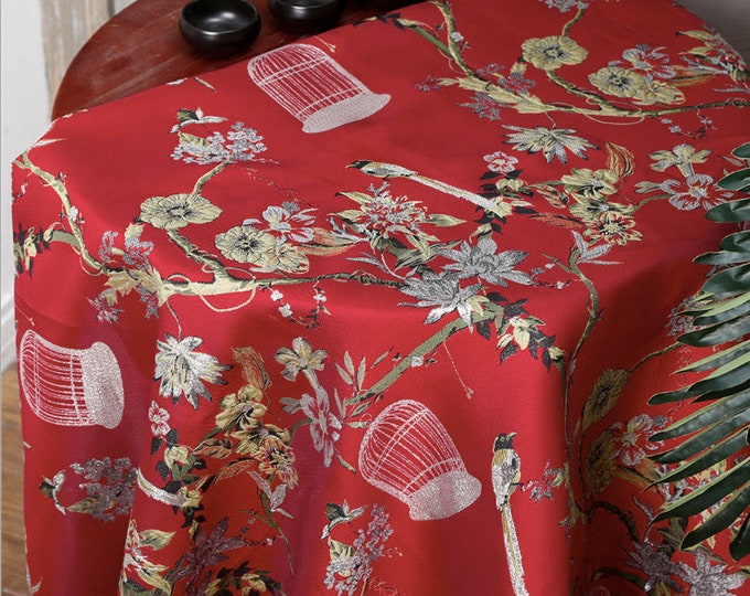 59"W Chinese Brocade Fabric Birdcage Magpie Silk Fabric, Upholstery, Cushion cover, suit pillow case, cheongsam, Qipao, Sewing Craft Fabric