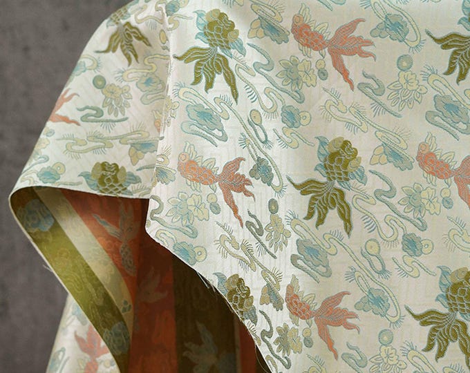 Song Silk Brocade Damask Fabric: Lucky Fish, Emperor Tibetan Style