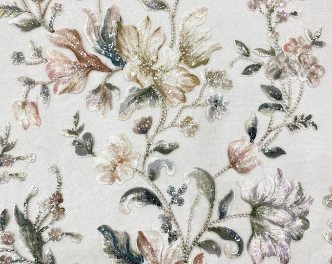 Embroidered Floral Fabric, Beads & Sequins, Cheongsam Dress Material