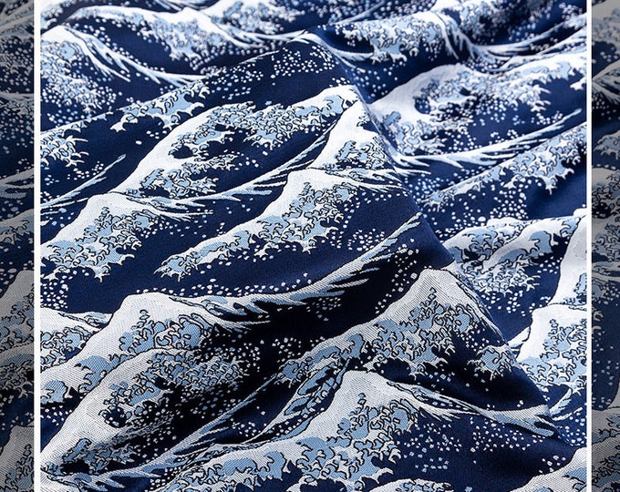 Japanese fabric -- Traditional kimono Mt. Fuji pattern in blues, 59"W Brocade Jacquard  fabric bty, Upholstery, Decor, Costume Sewing Fabric