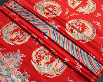 Chinese Emperor Queen and King Wedding Cheongsam Fabric, Embroidery Double Phoenix pattern, Silk brocade 28"W, 33.5"L/pattern, Sewing fabric