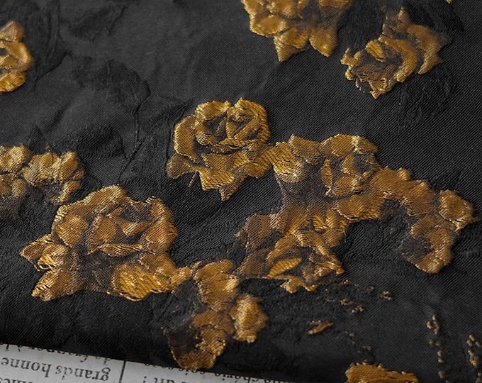 Vintage Black Jacquard Fabric with Embossed Gold Roses, Brocade Upholstery Material, 62"Wide