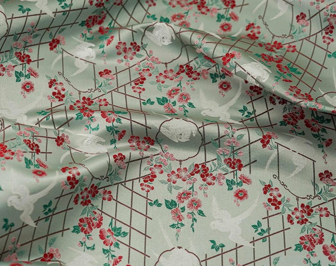 Grey ancient element woven jacquard, bird flower pattern, Upholstery, Prom dress, Quilting, drapery, Sewing/ fabric, 65"W By 1 Meter