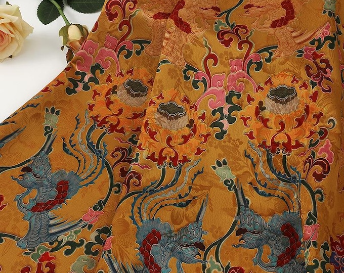 59"W ancient paintings Tea silk satin fabric, Digital print, 5 colors, Upholstery, Decor, Costume, Curtain, bag, Sewing, drapery, DIY/Fabric