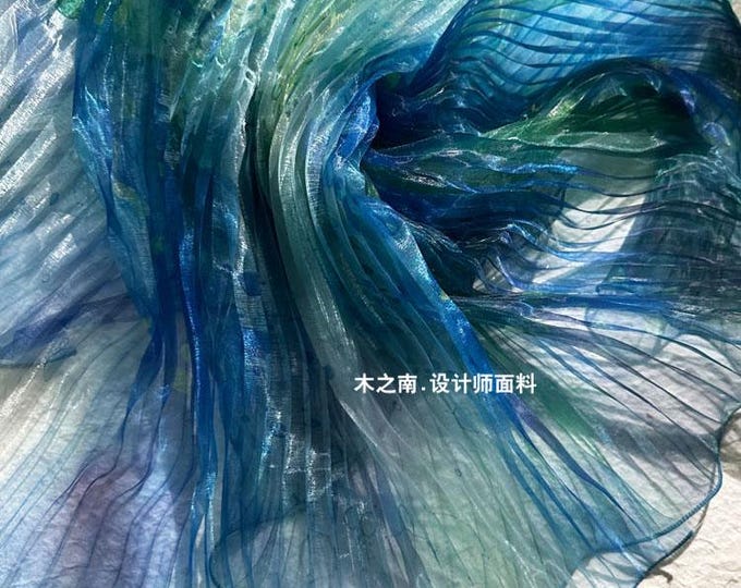 The Sea Waves, Smudged Accordion Pleated Laser Organza Fabric with Dramatic Movement, 55"W, Wedding, Gowns, Events, DIY, Doll making, prom