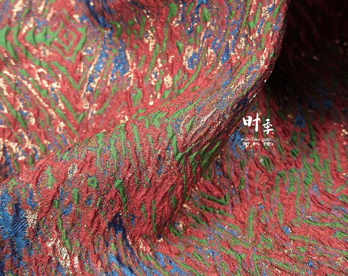 Gold thread jacquard fabric, red blue 3D designer fabric, Upholstery, Prom dress, Decor, Costume & Sewing fabric, 55"W By 1Meter on SALE